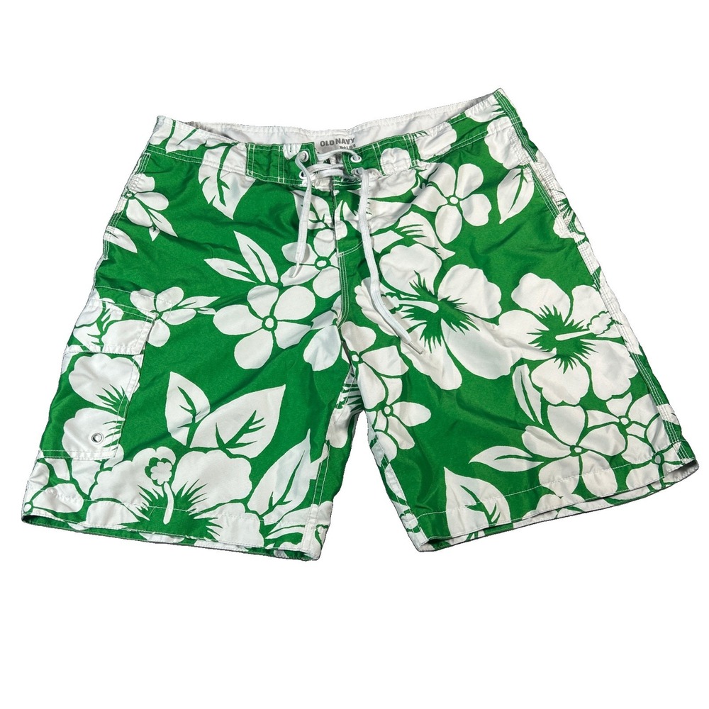 Old Navy Men L Board Shorts Drawstring Lined Floral Green Swim Trunks